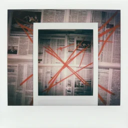 a wall haphazardly covered in newspaper headlines with chaotic red lines crisscrossing all over them, made by a schizophrenic journalist, polaroid photograph
