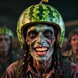 hyper realistic photography portrait of smiling zombie with a watermelon helmet cinematic, greg rutkowski, brom, james gurney, mignola, craig mullins, artstation, cgsociety