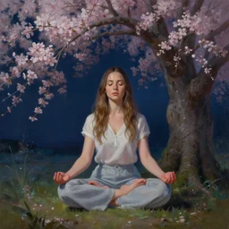 beautiful painting of mila kunis meditating under a blossom tree, realistic, digital painting, concept art, matte painting, cinematic night lighting, highly detailed, detailed terrain