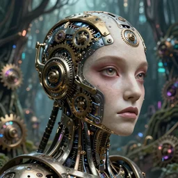 35mm portrait of an intricate and sophisticated borg with face implant above her eye, on the background of a weird magical mechanical forest. Round gears visible inside her hear. Very detailed 8k. Fantasy cyberpunk horror. Sharp. Cinematic post-processing