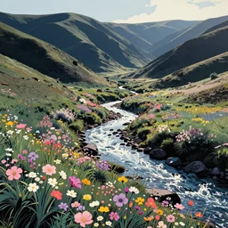 ( ( ( gediminas pranckevicius ) ) ) a river flow through a valley rolling mountain, flower garden summer morning, very coherent and colorful high contrast art by victo ngai floralpunk screen printing woodblock, dark shadows, pastel color, hard lighting