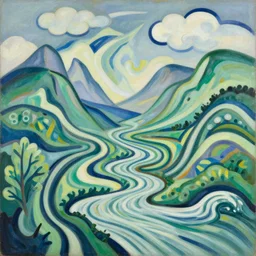 A modernist landscape painting. Wild energy patterns rippling in all directions. Curves, zig-zags. Organic. Mountains. Clouds. Vegetation. Rushing water. Waves. LSD. Fauvism.
