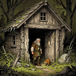 A halfling and his pet rock leave inside broken wooden house, overgrown, detailed intricate ink illustration, dark atmosphere, detailed illustration, hd, 4k, digital art, overdetailed art, concept art, by greg rutkowski, by loish, complementing colors, Trending on artstation, deviantart