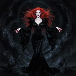 style of yoji shinkawa, marc simonetti : : gorgeous mary elizabeth winstead : : evil sorceress, swirling black magic, black dress : : symmetrical face, symmetrical eyes : : full body pose : : gorgeous red hair : : cinematic lighting : :