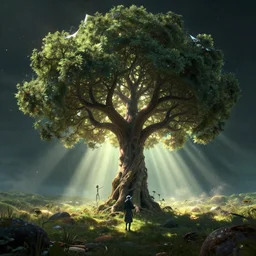 a fractal psychedelic tree reaching from a void and dissolving, a single machine elf in the distance beckoning, the fabric of reality poking through the edges, geometric vignette, magical clearing, sunshafts, dramatic lighting, dust motes floating in the sunlight, 4 k concept art