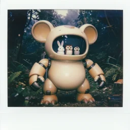 oversized battle toad animal robot chubby fatmech trailer wheels vehicle with big ears with rabbit and owl sitting inside, in jungle forest peak, full body, nighttime, cinematic focus, polaroid photo, vintage, neutral dull colors, soft lights, foggy, overcast by oleg oprisco, by thomas peschak, by discovery channel, by victor enrich, by gregory crewdson
