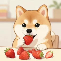 a cute doge eating strawberries