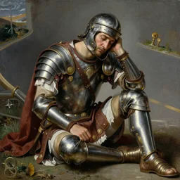 portrait of a very tired Roman legionary in full battle gear, sitting on a side of a road, realistic painting by Botticelli, very detailed,