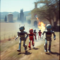 kodak portra 4 0 0, wetplate, muted colours, blueberry, 1 9 3 0 s style, award winning portrait by britt marling of tin toy robots running trough a sunny tuscan countryside in autumn, haze, explosions, rockets, bombs, motion blur, by georges melies