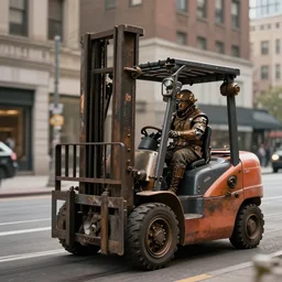 photograph of steampunk forklift going downtown