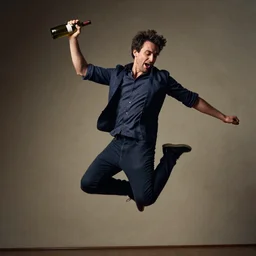 a portrait of a man boisterously dancing around the room by himself holding an empty wine bottle as he jumps in the air, detailed facial expression, fine detail, dramatic lighting, award-winning photo UHD, 4K