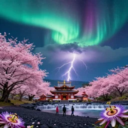 byodo - in temple in kaneohe on holokalani black beach of maui in royal blue antelope canyon during sakura season on an interstellar aurora borealis with heavy thunder and lightning, pink waterfalls, passion flower, by peter mohrbacher, james jean, james gilleard, greg rutkowski, vincent di fate, rule of thirds, octane render, beautiful landscape