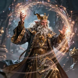 Ornate, expressive, beautiful wizard, casting magic. Slow motion photography. AF-S NIKKOR 10-200mm F2.8G ED & Digital Art. 4k. Award-winning action shot. Mixed Media .