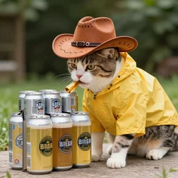 A cat wearing a yellow raincoat and a cowboy hat, stealing a six-pack of beer