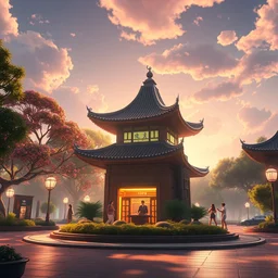 a wholesome animation key shot of a futuristic park plaza, by studio ghibli, animation, sharp, rendered in unreal engine 5, focused, anime key art by greg rutkowski, bloom, dramatic lighting