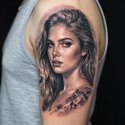 a tattoo design of a beautiful girl faded with mountains, in the style of den yakovlev, hyper - realistic, amazing detail