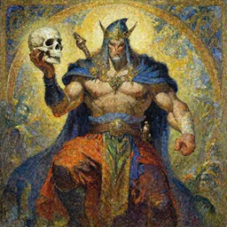 A mage wearing colorful clothes, muscular, fantasy, holding a skull, painting by greg rutkowski and alphonse mucha