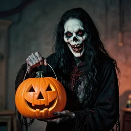 a horrific, halloween ghoul, holding a jack - o - lantern, retro, 1 9 8 0 s, by march schoenbach, enzio sciotti