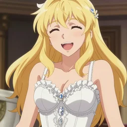 Worksafe. Cinematic, epic. Close-up blonde princess wearing white bridal bra with many frills and diamonds, expressing joy. By krenz cushart, makoto shinkai and pixiv. Accurately shaped. A very clean image. Bold contours. High contrast and gentle colors.