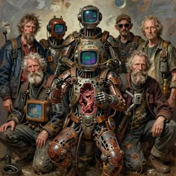 old junky men with cybertronic gadgets, screen embed in flash durty colours, rotten textures, rusty shapes, acid screen embed in flesh, biotechnology, tim hildebrandt, wayne barlowe, bruce pennington, donato giancola, larry elmore, oil on canvas, masterpiece, trending on artstation, featured on pixiv, cinematic composition, dramatic pose, beautiful lighting, sharp, details, hyper - detailed, hd, hdr, 4 k, 8 k