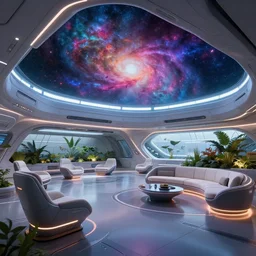 ultra modern concept design of a vast spaceship interior, futuristic chairs and sofas can be seen in the foreground, a large colorful nebula can be seen from a window, large plants in the background, in the style of Guardians of the Galaxy and Blade Runner and Ruan Jia, wide angle shot C 1.0