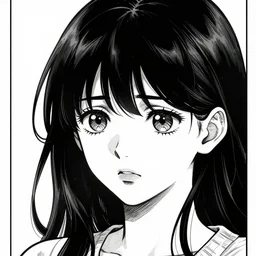 a very ordinary young woman with a confused expression drawn in a black and white manga panel, by nobuyuki fukumoto, award winning, stunning, trending on art station, highly detailed