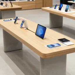 (mobiles and tablets on display on large tables in a wood and concrete flagship retail interior Samsung Microsoft Apple empty stools, lush verdant plants, colorful digital screens) muted colors, XF IQ4, 14mm, f/1.4, ISO 200, 1/160s, 8K, RAW, unedited, symmetrical balance, architectural photography, in-frame