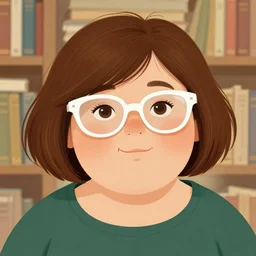 portrait of a curvy stocky romanian woman, brown hair, messy bob, straight hair, brown eyes, round nose, low eyes, romanian, laugh lines, round face, round jaw, small chin, round nose, white glasses, glasses, big forehead, white reading glasses, illustration, cute, alphonse mucha, librarian, wide shot, digital art, art by loish, 8 k, trending on artstation