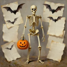 a skeleton, holding a jack - o - lantern, as a matte oil painting and d & d character art, by gustave caillebotte, standing, fullbody, flying bats, loose pages, concept art, award - winning, extremely detailed, sharp focus