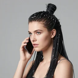 A photo of a caucasian female model with hair made by phone cable