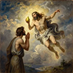 vintage beautiful painting of Judas apologising to Jesus in Heaven flying while levitating a pear in Mary Cassatt style