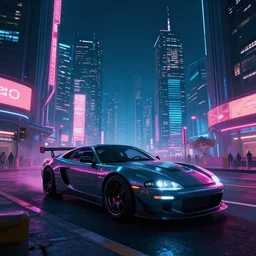 car in cyperpunk city, wide - angle, neon, digital art