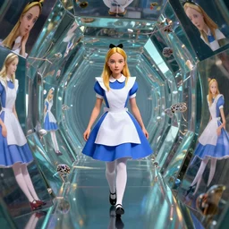 vfx surreal 3 d portrait of alice from wonderland walking into a non - euclidean and infinite tunnel of evanescent hallucinatory images in endless mirrors that temporarily cling to a virtual node of experience called the self in an illusion called spacetime, hyperdetailed, octane render, by jeff soto and daniel merriam and pixar, nvidia raytracing demo