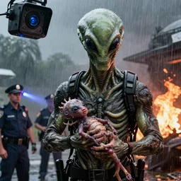 low shot of brett kavanaugh as alien in a police body cam. heavy acid rain. brett holds last zombie fetus to protect that species. close up of brett and police. tasers. fire. scene from aliens