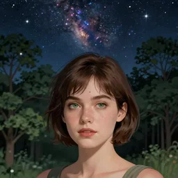 a photo of a young woman with short brown hair, green eyes, beautiful trees in the background, night sky with multicolor stars and galaxies, trending on artstation