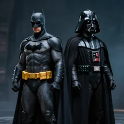 batman and darth vader stand side by side, highly detailed, photo realistic. cinematic lighting. atmospheric. concept art. octane render,