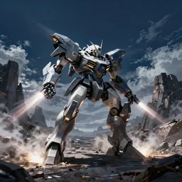 armored core v by liam wong, fromsoftware, booster flares, legs, laser rifles, smoke, karst landscape, ; wide shot, outdoor, dark blue sky, cloud, empty wilderness ground ; digital painting, high contrast, dynamic backlighting, sharp edge, motion blur, photoreal,