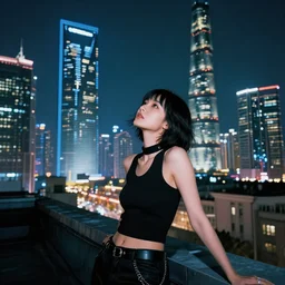 night portrait  of cyberpunk show girl on a roof, looking up at cityscape of vertical cyberpunk city with high towers, shanghai,  Alena Aenami and artgerm