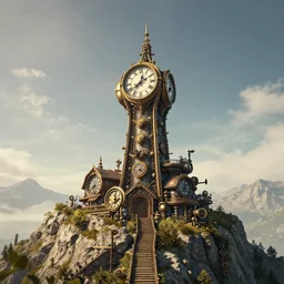 the impossible clock tower on the top of a mountain, steampunk art, digital art, wide angle view