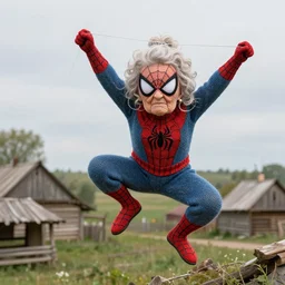stunning dslr photograph of ( ( ( ( granny spiderman ) ) ) ) web slinging in rural old russian town, knitted suit, dynamic pose, closeup, aperture 1. 2