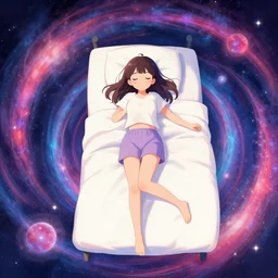 illustration of a girl laying down in bed, cosmic, spirals, top view, vibrant colors, artstation, pixiv