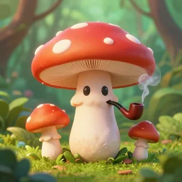 trip, mushrroom with cartoon eyes smoking a pipe in the jungle, highly detailed, lofi