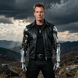 Alan Carr as terminator, dramatic shot,