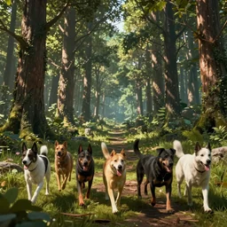 dogs crossing empty forest, unreal engine 5, art by artgerm and greg rutkowski and alphonse mucha, global illumination, detailed and intricate environment, hyperrealistic, volumetric lighting, epic cinematic shot, perfectly defined features, ambient occlusion