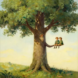 a beautiful painting of a tall tree with arms, legs, and a beard holding two hobbits in his hand, illustrated by J.R.R Tolkien