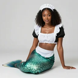 an adult african american mermaid wearing a maid hat