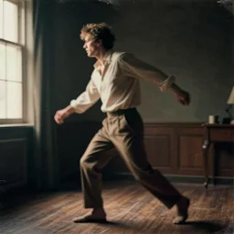 a smudged, scratched, grainy and blurry photograph showing the whole body of a man dynamically and frenetically moving in a dark room