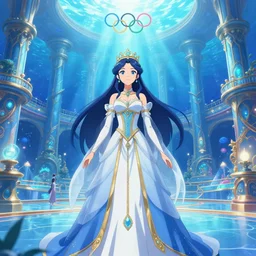portrait of a royal lady, interior huge clean architecture, bright blue, anime style digital art, royal atlantis underwater palace, a lot of lights and people, magical fantasy and vibrant, olympics, trending on artstation