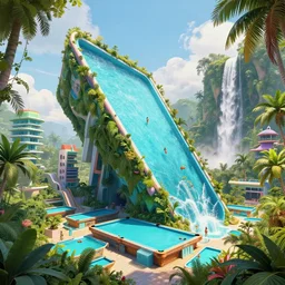 huge gargantuan angular dimension of infinite poolrooms liminal spaces, buildings by escher and ricardo bofill. utopian landscape by roger dean. magical realism, surrealism, lush tropical jungle, waterfalls, clouds, mallsoft, vaporwave, trending on artstation, shot from below, epic scale