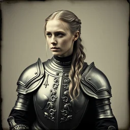 tintype photo of brienne of tarth, wearing armor, by julia margaret cameron 1 8 8 0 s, realistic, body shot, sharp focus, 8 k high definition, insanely detailed, intricate, elegant